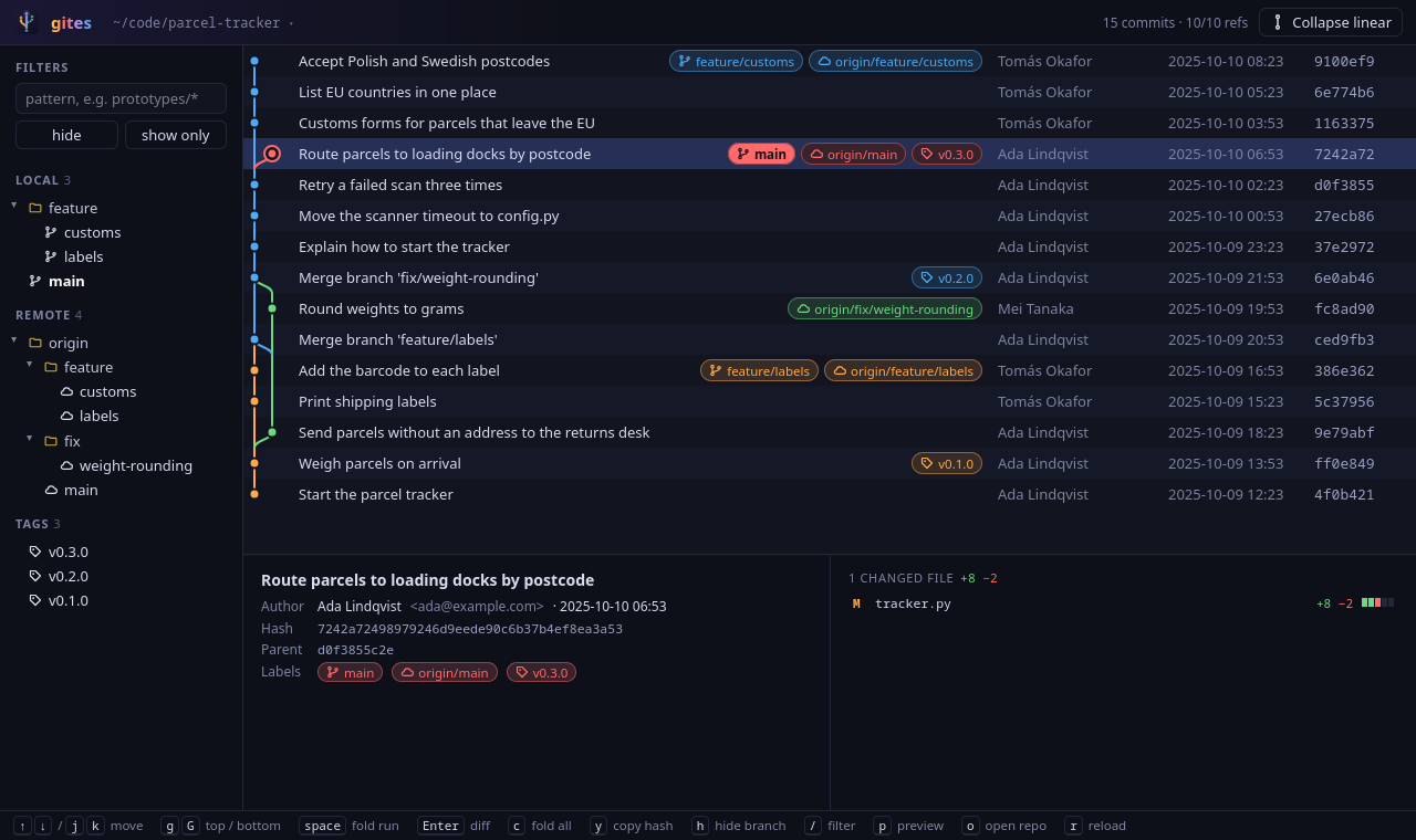 The commit graph of a small repository, with branches, merges, tags and the preview panel for the selected commit